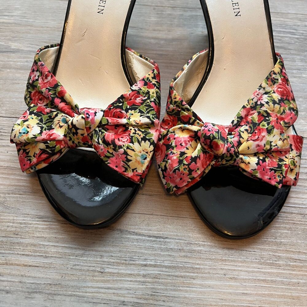 Anne Klein Kitten Heels Y2K Sz 6.5 Bow Floral Black Pink Cute Bright Girly - Picture 4 of 6